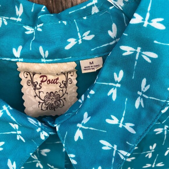 Vintage Pout Dragonfly Open Cutout Back Blue Button Down Blouse Top Medium - Picture 3 of 8